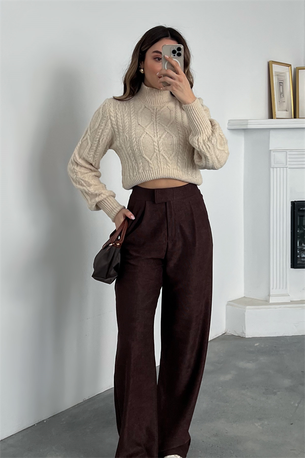 Fitilli Palazzo Pantolon - KAHVERENGİ