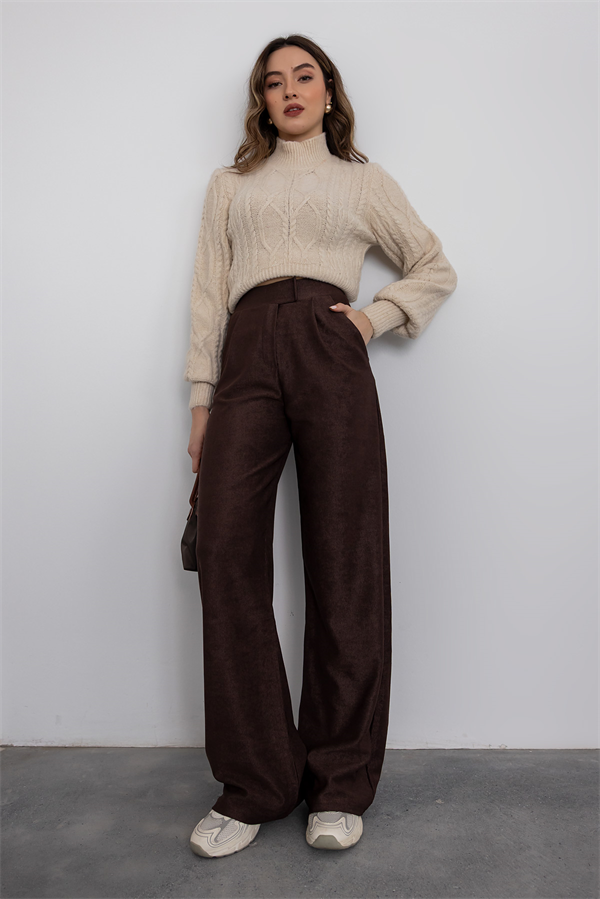 Fitilli Palazzo Pantolon - KAHVERENGİ