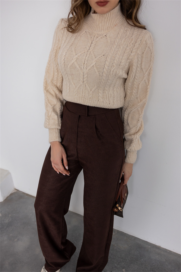 Fitilli Palazzo Pantolon - KAHVERENGİ