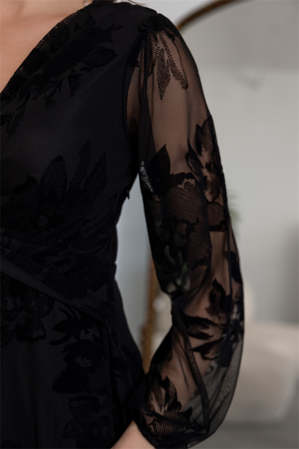 Flok Baskı Ön Düğümlü Elbise - SİYAH