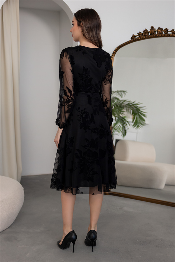 Flok Baskı Ön Düğümlü Elbise - SİYAH