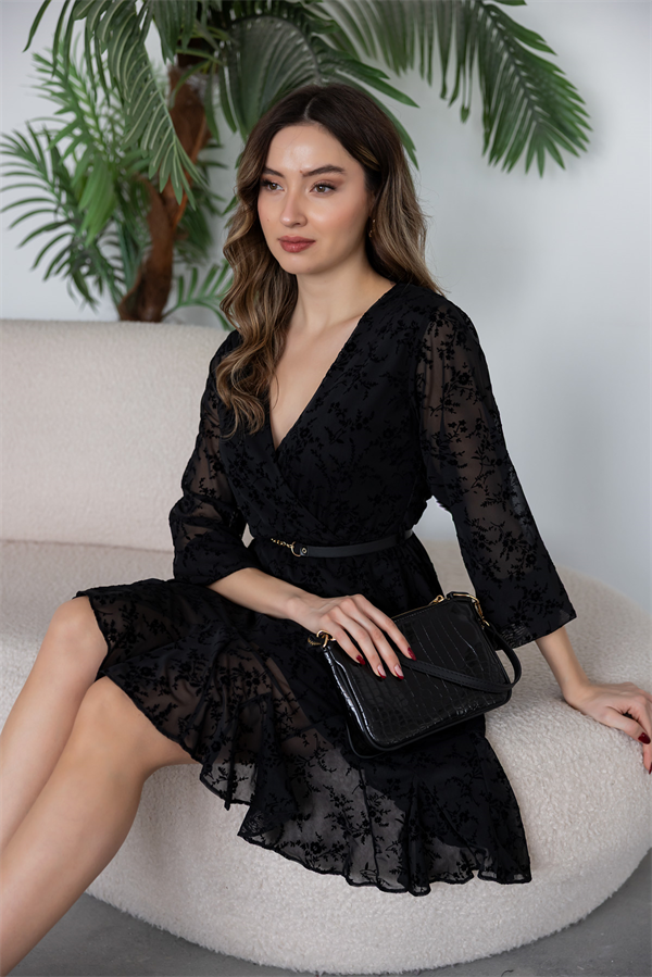 Flok Baskı Zincir Kemerli Elbise - SİYAH