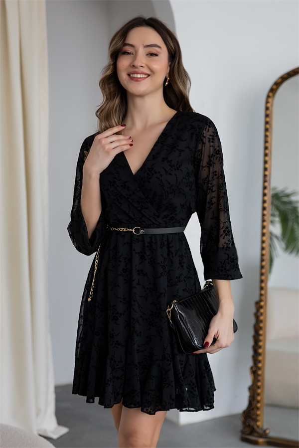 Flok Baskı Zincir Kemerli Elbise - SİYAH