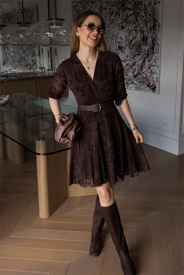 Flok Baskılı Elbise - KAHVERENGİ