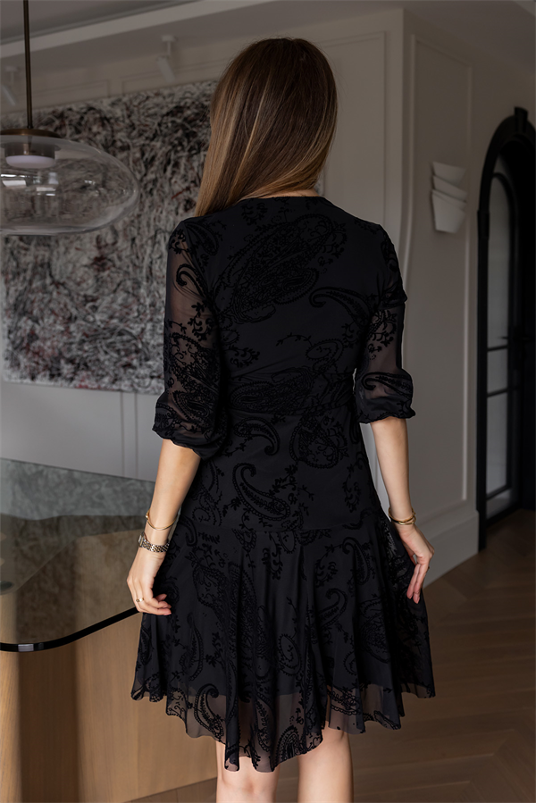 Flok Baskılı Elbise - SİYAH