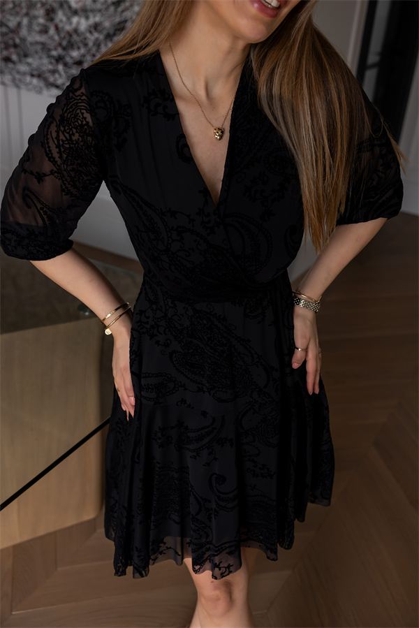 Flok Baskılı Elbise - SİYAH