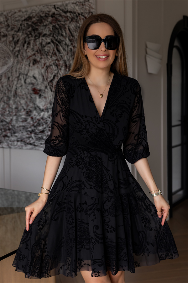 Flok Baskılı Elbise - SİYAH