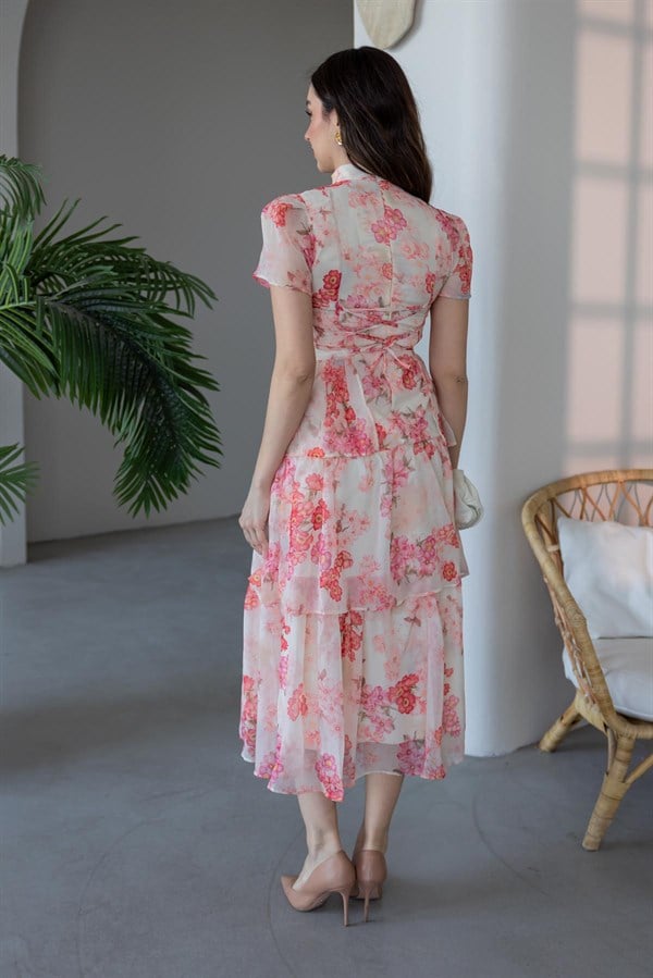 Floral Desen Eteği Katlı Elbise - BEJ