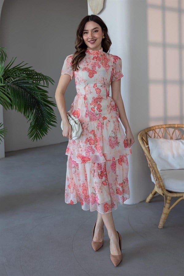 Floral Desen Eteği Katlı Elbise - BEJ