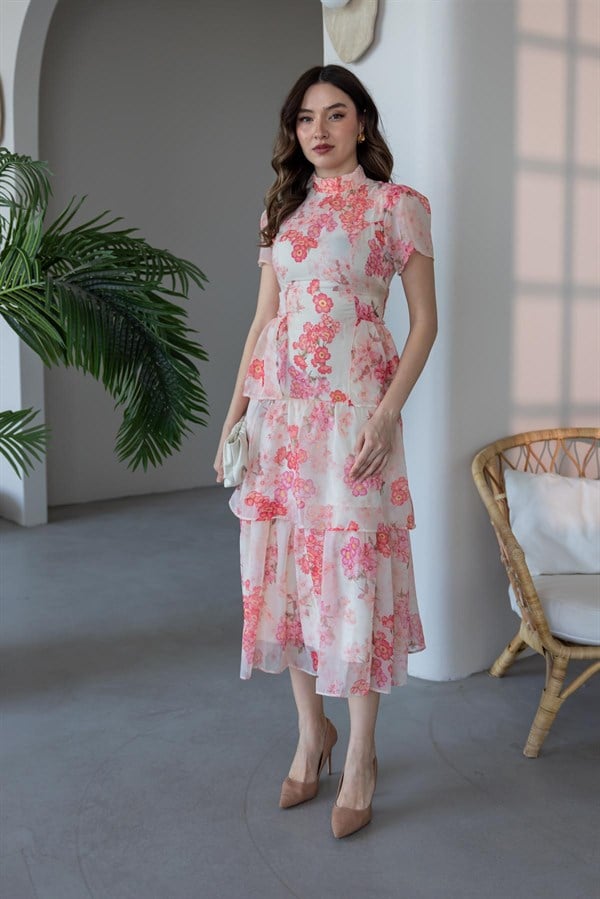 Floral Desen Eteği Katlı Elbise - BEJ