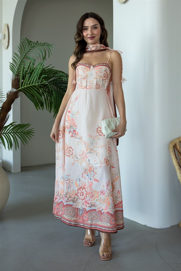 Floral Desenli Kuşaklı Elbise - TURUNCU