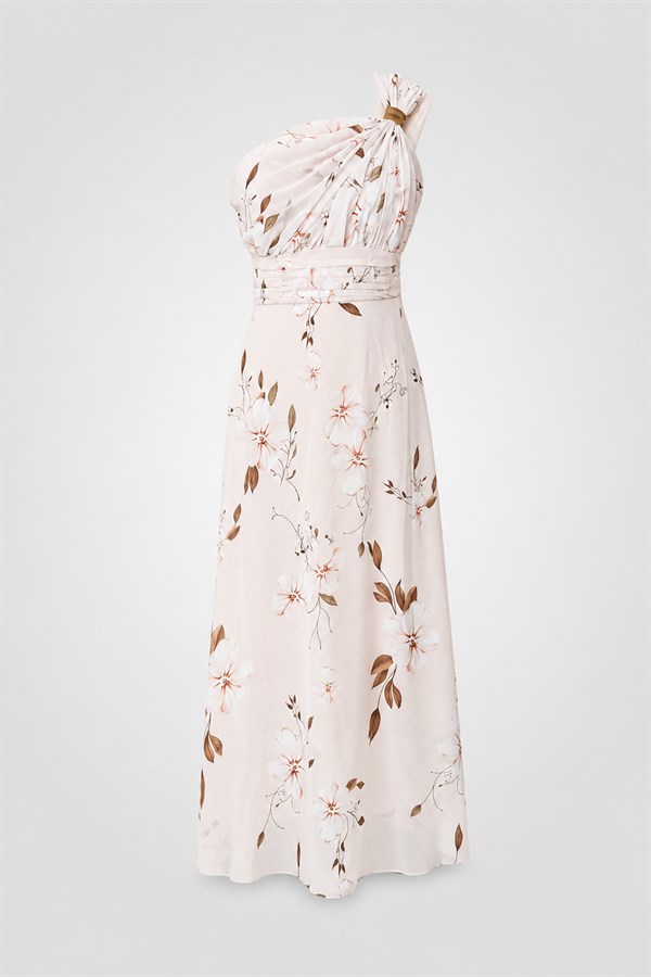 Floral Desenli Tek Omuz Elbise - BEJ