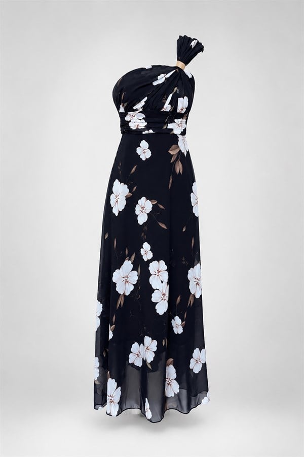 Floral Desenli Tek Omuz Elbise - SİYAH