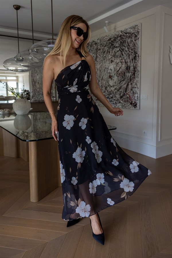 Floral Desenli Tek Omuz Elbise - SİYAH
