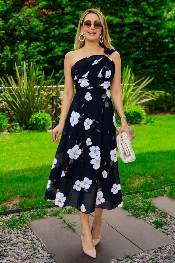 Floral Desenli Tek Omuz Elbise - SİYAH