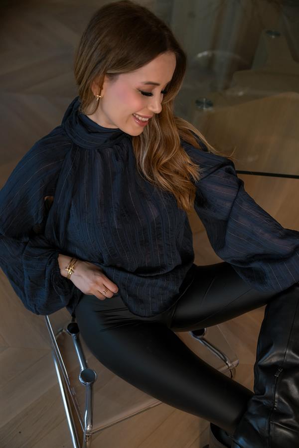 Fularlı Dokulu Transparan Bluz - LACİVERT