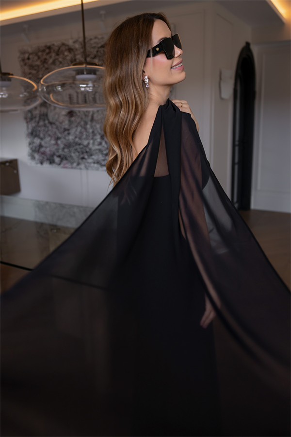 Fularlı Şifon Abiye - SİYAH