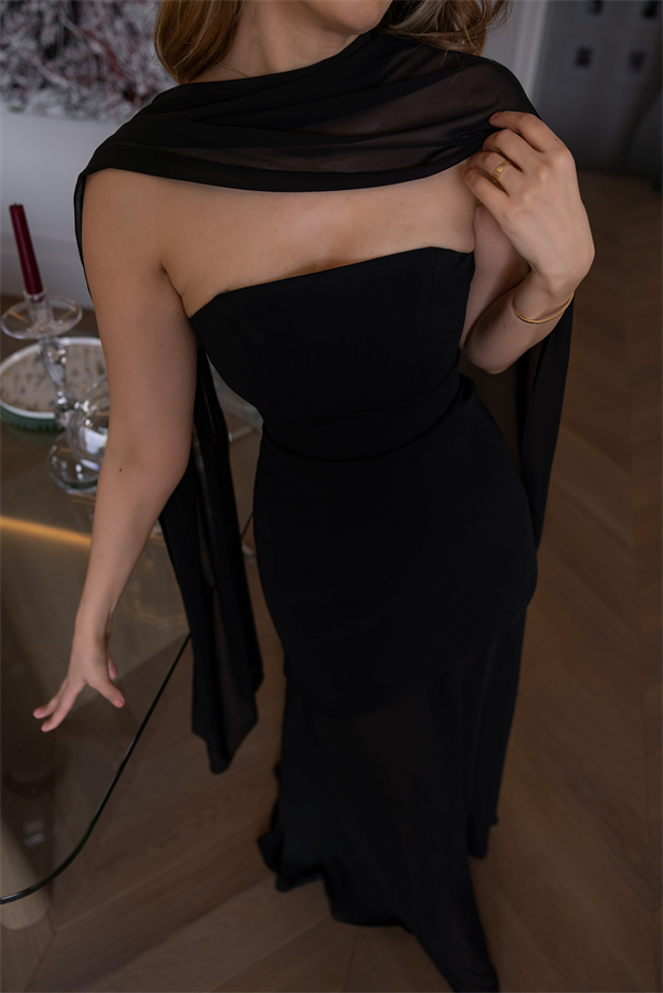 Fularlı Şifon Abiye - SİYAH