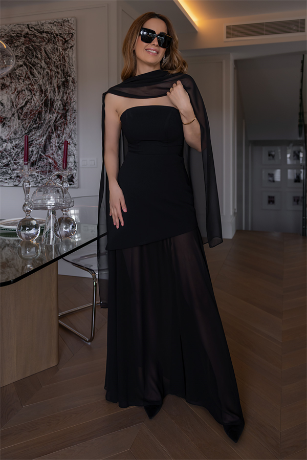 Fularlı Şifon Abiye - SİYAH