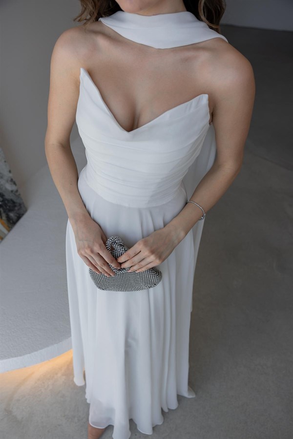 Fularlı Straplez Abiye - EKRU