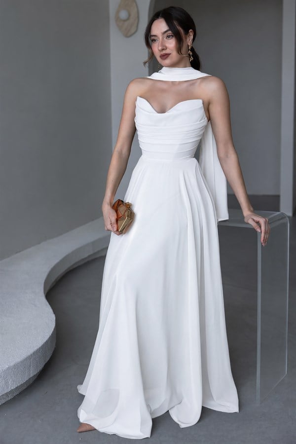 Fularlı Straplez Abiye - EKRU