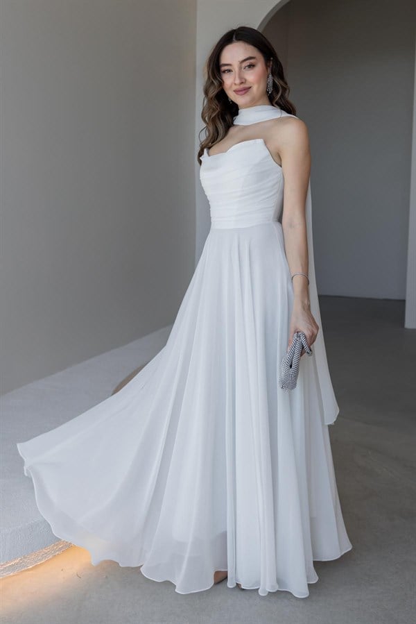 Fularlı Straplez Abiye - EKRU