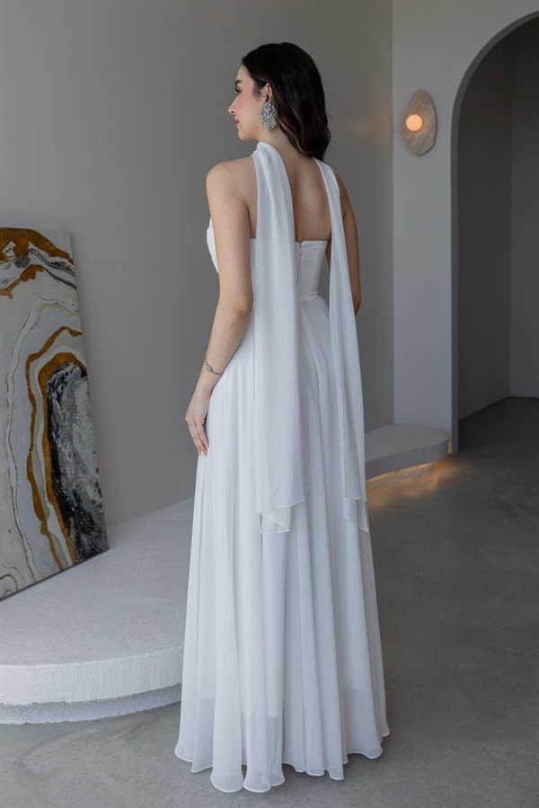 Fularlı Straplez Abiye - EKRU