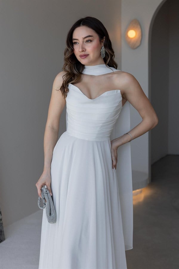 Fularlı Straplez Abiye - EKRU