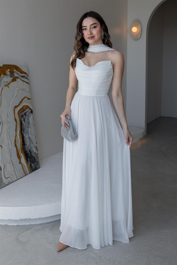 Fularlı Straplez Abiye - EKRU