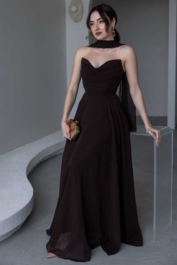 Fularlı Straplez Abiye - KAHVERENGİ