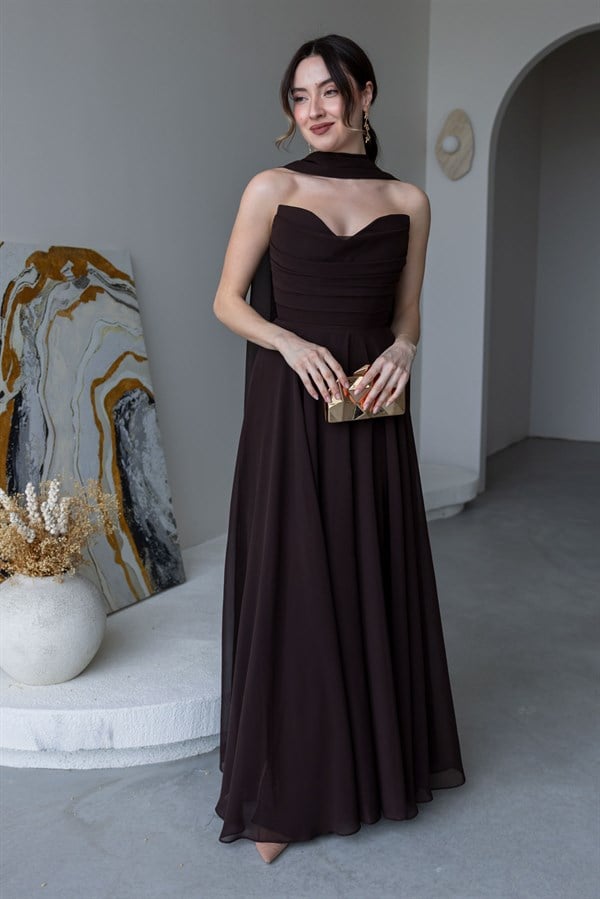 Fularlı Straplez Abiye - KAHVERENGİ