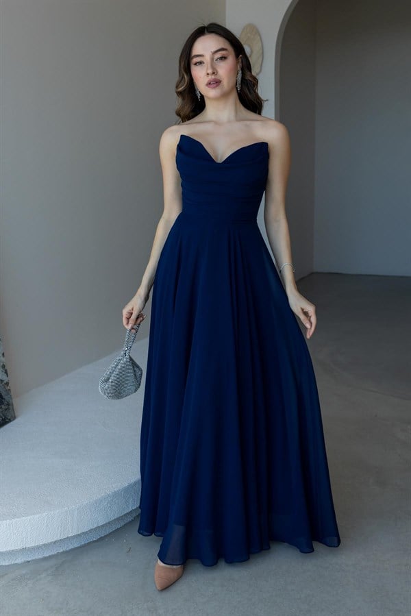 Fularlı Straplez Abiye - LACİVERT