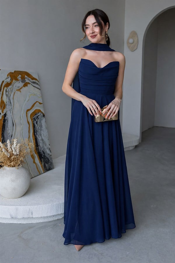 Fularlı Straplez Abiye - LACİVERT