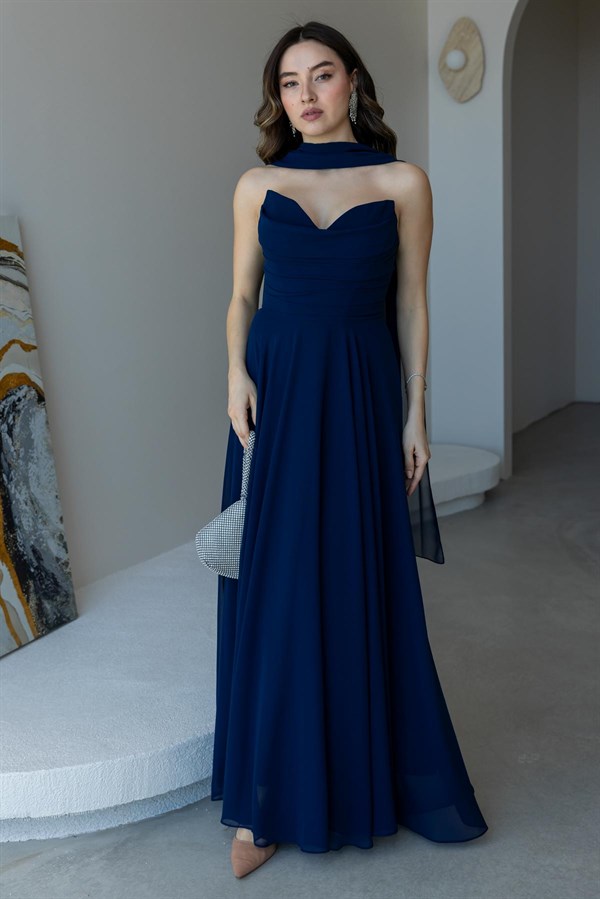 Fularlı Straplez Abiye - LACİVERT