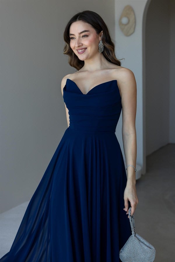 Fularlı Straplez Abiye - LACİVERT