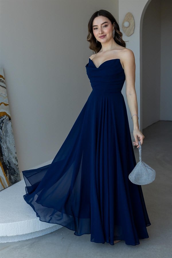 Fularlı Straplez Abiye - LACİVERT