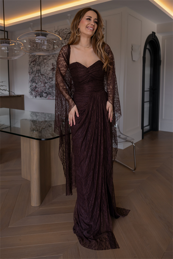 Fularlı Straplez Dantel Abiye - KAHVERENGİ