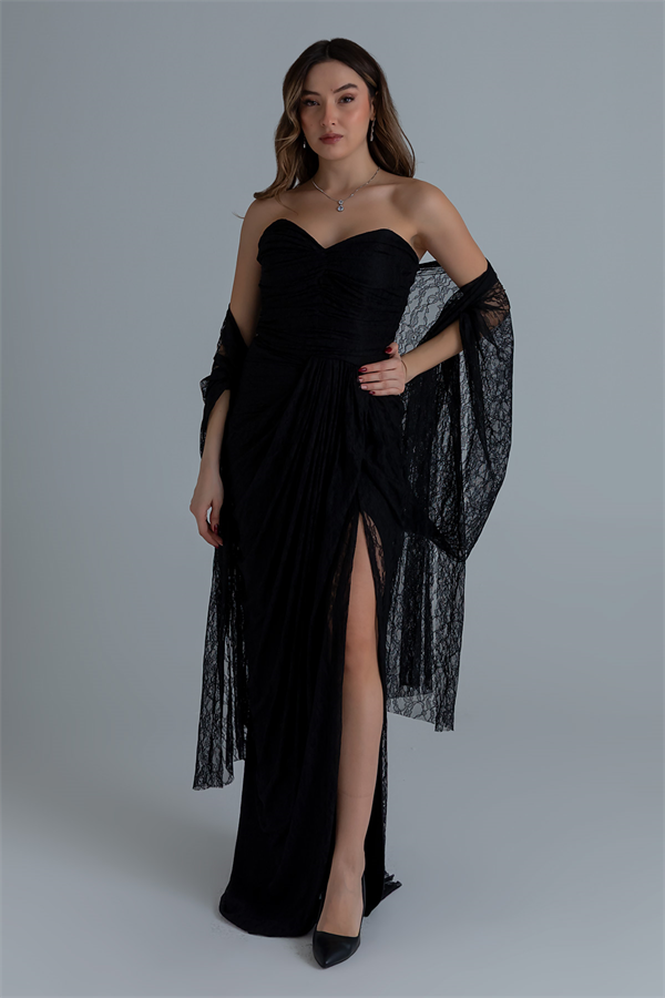 Fularlı Straplez Dantel Abiye - SİYAH