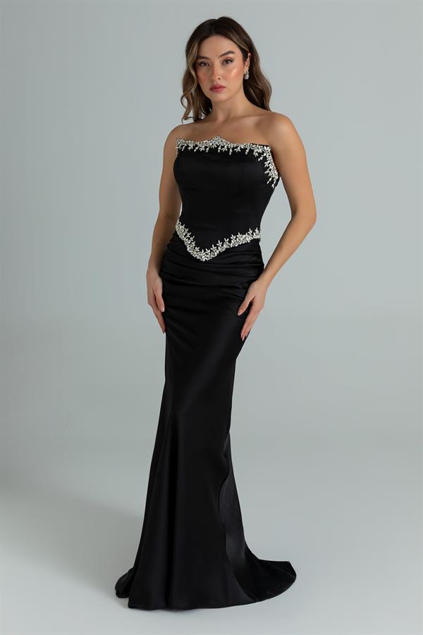 Fularlı Taş İşlemeli Saten Abiye - SİYAH