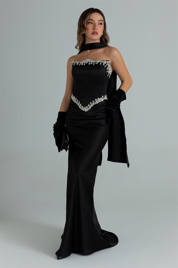 Fularlı Taş İşlemeli Saten Abiye - SİYAH