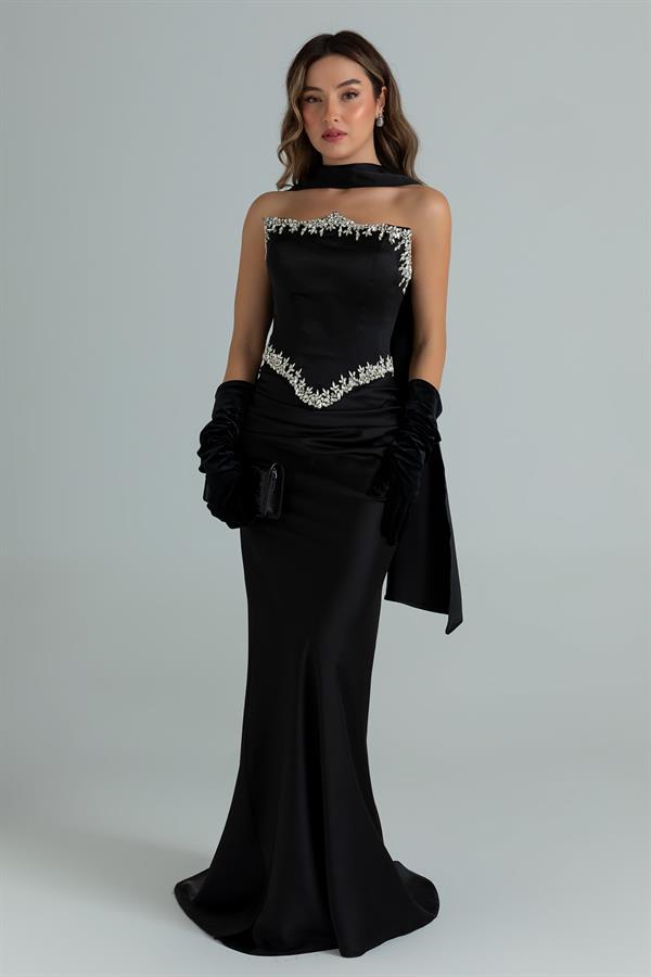 Fularlı Taş İşlemeli Saten Abiye - SİYAH