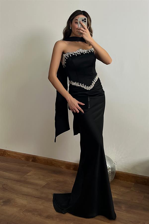 Fularlı Taş İşlemeli Saten Abiye - SİYAH