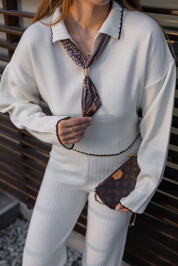 Fularlı Triko Takım - KREM