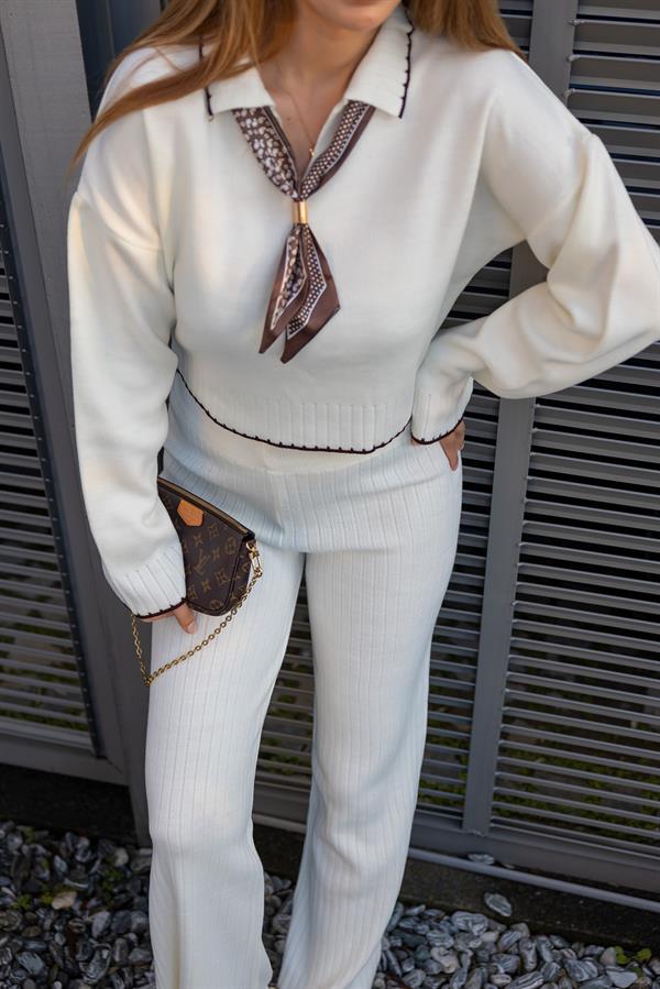 Fularlı Triko Takım - KREM