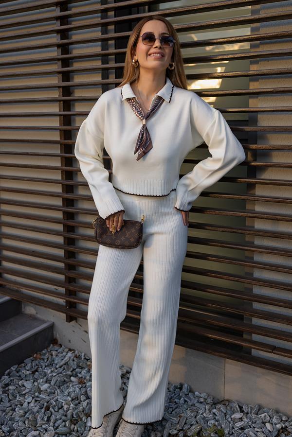 Fularlı Triko Takım - KREM