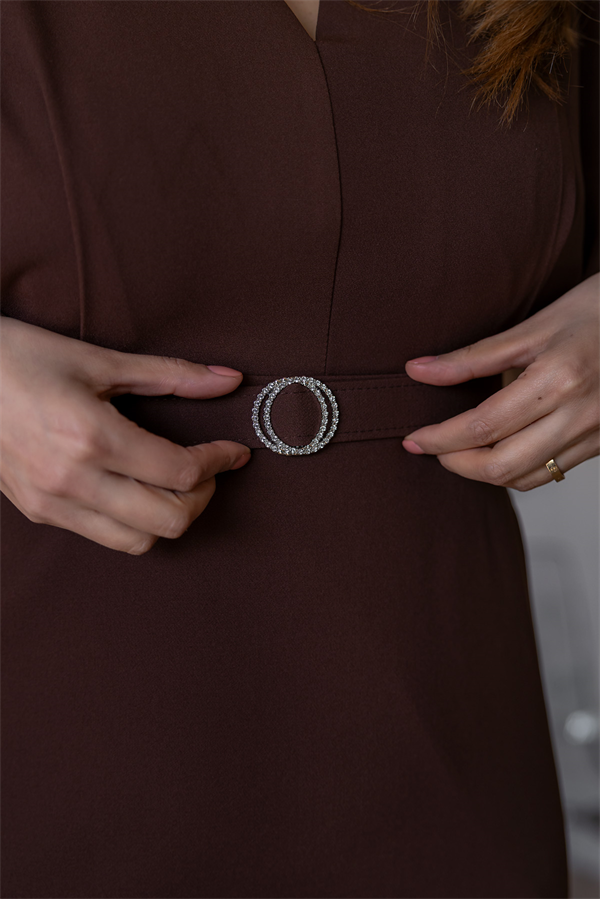 Geniş Kol Kemerli Elbise - KAHVERENGİ