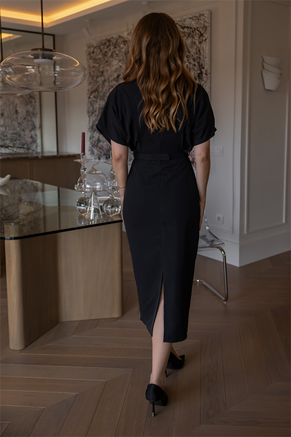 Geniş Kol Kemerli Elbise - SİYAH