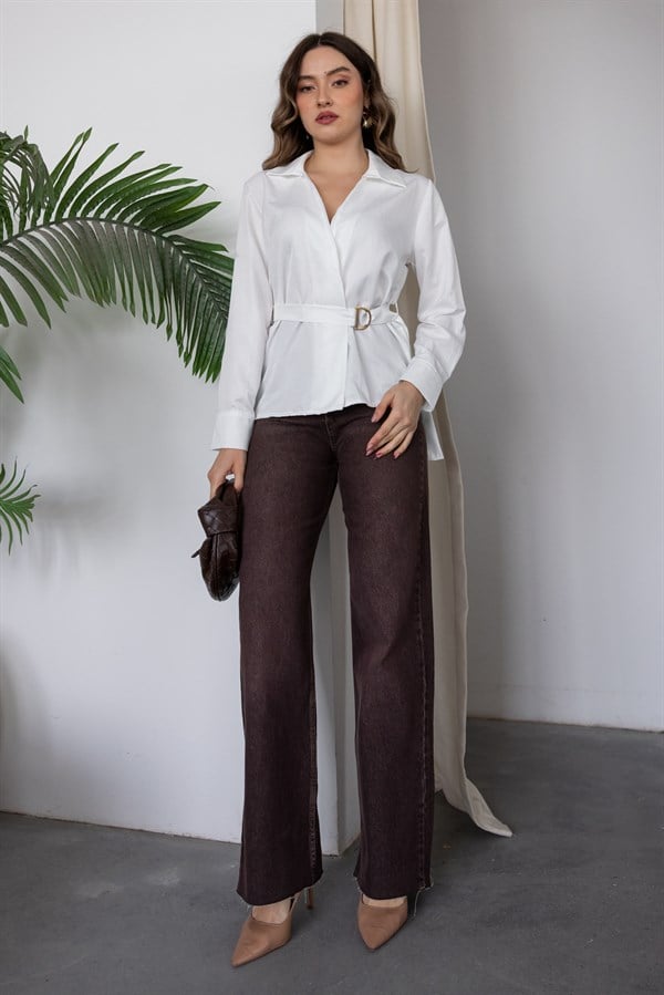 Geniş Paçalı Denim Pantolon - KAHVERENGİ