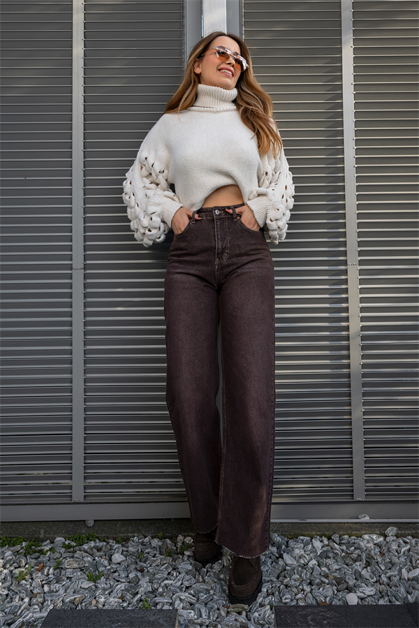 Geniş Paçalı Denim Pantolon - KAHVERENGİ