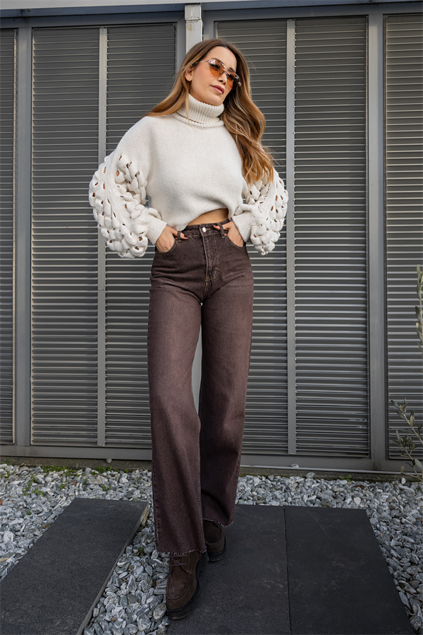 Geniş Paçalı Denim Pantolon - KAHVERENGİ